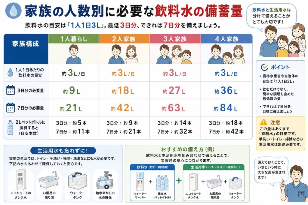 家族人数別に必要な飲料水の備蓄量をまとめた図解。1人暮らし、2人家族、3人家族、4人家族について、1人1日3Lを基準に、3日分・7日分の必要量と2Lペットボトル換算本数を一覧で比較している。さらに、この数量は飲料水のみの目安であり、手洗い・トイレ・掃除・洗濯などに使う生活用水は別に必要であることを説明し、飲料水と生活用水を組み合わせて備える重要性を紹介している。