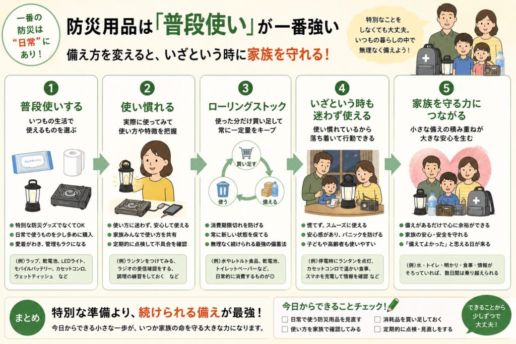 防災用品は「普段使い」が一番の備えであることをまとめた図解。日常で使う、防災用品に使い慣れる、ローリングストックで補充する、災害時も迷わず使える、家族を守るという5つの流れを分かりやすく紹介し、特別な備えではなく日常生活の延長として防災を続ける大切さを解説しています。