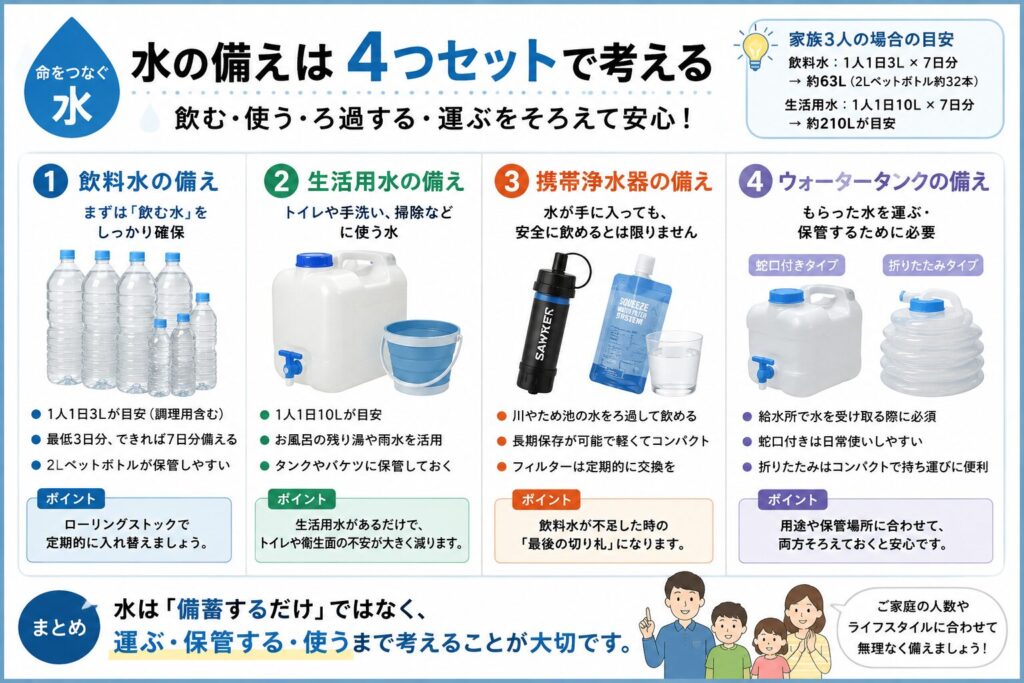 水の備えを4つの視点でまとめた図解。飲料水、生活用水、携帯浄水器、ウォータータンク（蛇口付き・折りたたみ）の役割や備え方を分かりやすく紹介し、災害時は「備蓄・運搬・保管・活用」まで考えることの大切さを解説しています。