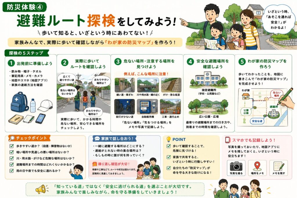 家族で避難ルートを歩きながら危険な場所や安全な場所を確認し、オリジナルの防災マップを作成する流れをまとめた図解。避難場所の確認や家族で話し合うポイントも紹介している。