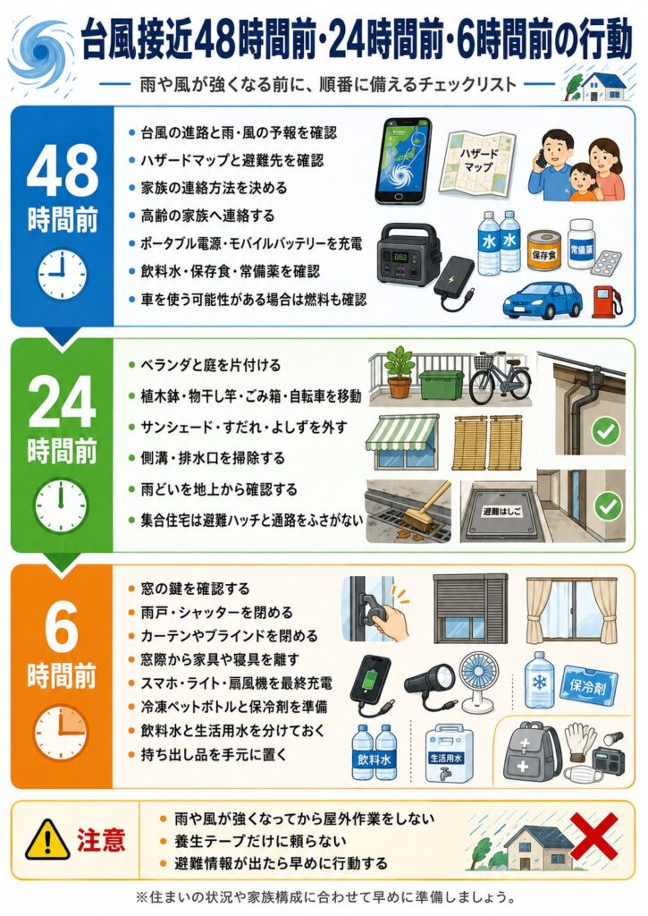 台風が接近する48時間前、24時間前、6時間前に行う準備を時間順にまとめた図解。
48時間前は、台風の進路や雨風の予報、ハザードマップ、避難先、家族の連絡方法を確認し、高齢の家族への連絡、ポータブル電源やモバイルバッテリーの充電、飲料水、保存食、常備薬、車の燃料などを確認する。
24時間前は、ベランダや庭の植木鉢、物干し竿、ごみ箱、自転車などを移動し、サンシェード、すだれ、よしずを外し、側溝や排水口を掃除する。
雨どいは地上から安全に確認し、集合住宅では避難ハッチや通路をふさがないようにする。
6時間前は、窓の鍵を確認し、雨戸やシャッター、カーテン、ブラインドを閉め、窓際から家具や寝具を離す。
あわせて、スマートフォン、ライト、扇風機を最終充電し、冷凍ペットボトルや保冷剤、飲料水、生活用水、持ち出し用品を手元に準備する。
雨や風が強くなってから屋外作業を行わないこと、養生テープだけに頼らないこと、避難情報が出た場合は早めに行動することも注意点として示している。
