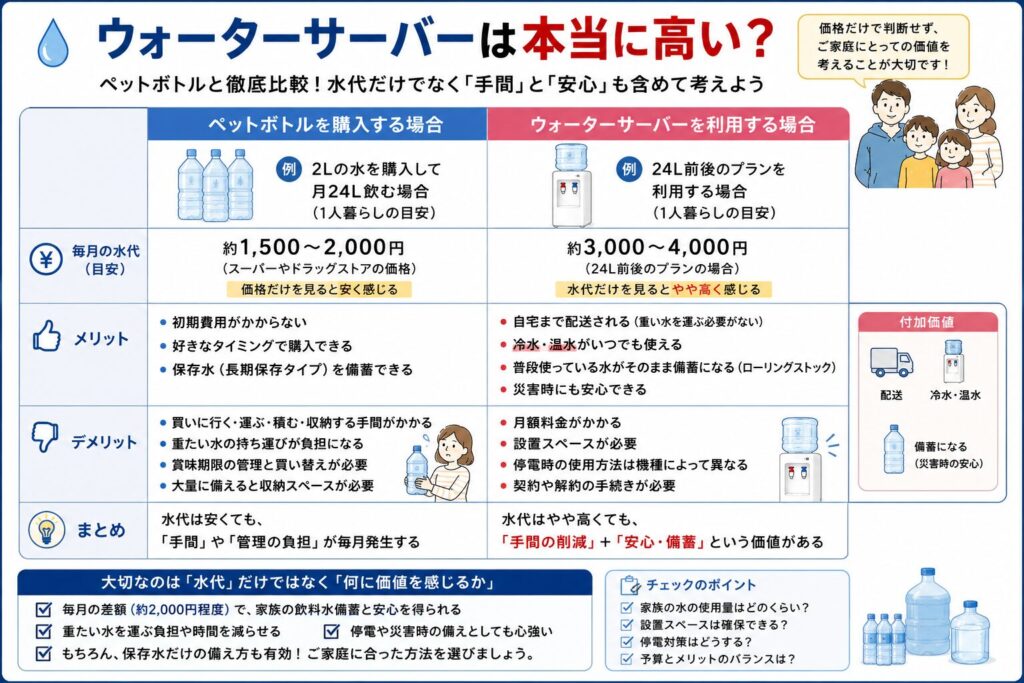 ウォーターサーバーとペットボトル購入のコストや利便性を比較した図解。一人暮らしで月24L利用を例に、毎月の水代目安、メリット、デメリットを左右に比較している。ペットボトルは初期費用が少ない一方で、購入・運搬・保管・賞味期限管理の手間があることを紹介。ウォーターサーバーは月額費用は高めでも、自宅配送、冷水・温水、普段使いがそのまま備蓄になるローリングストック、防災時の安心感といった付加価値を解説し、「価格だけでなく手間や安心も含めて考えることが大切」とまとめている。