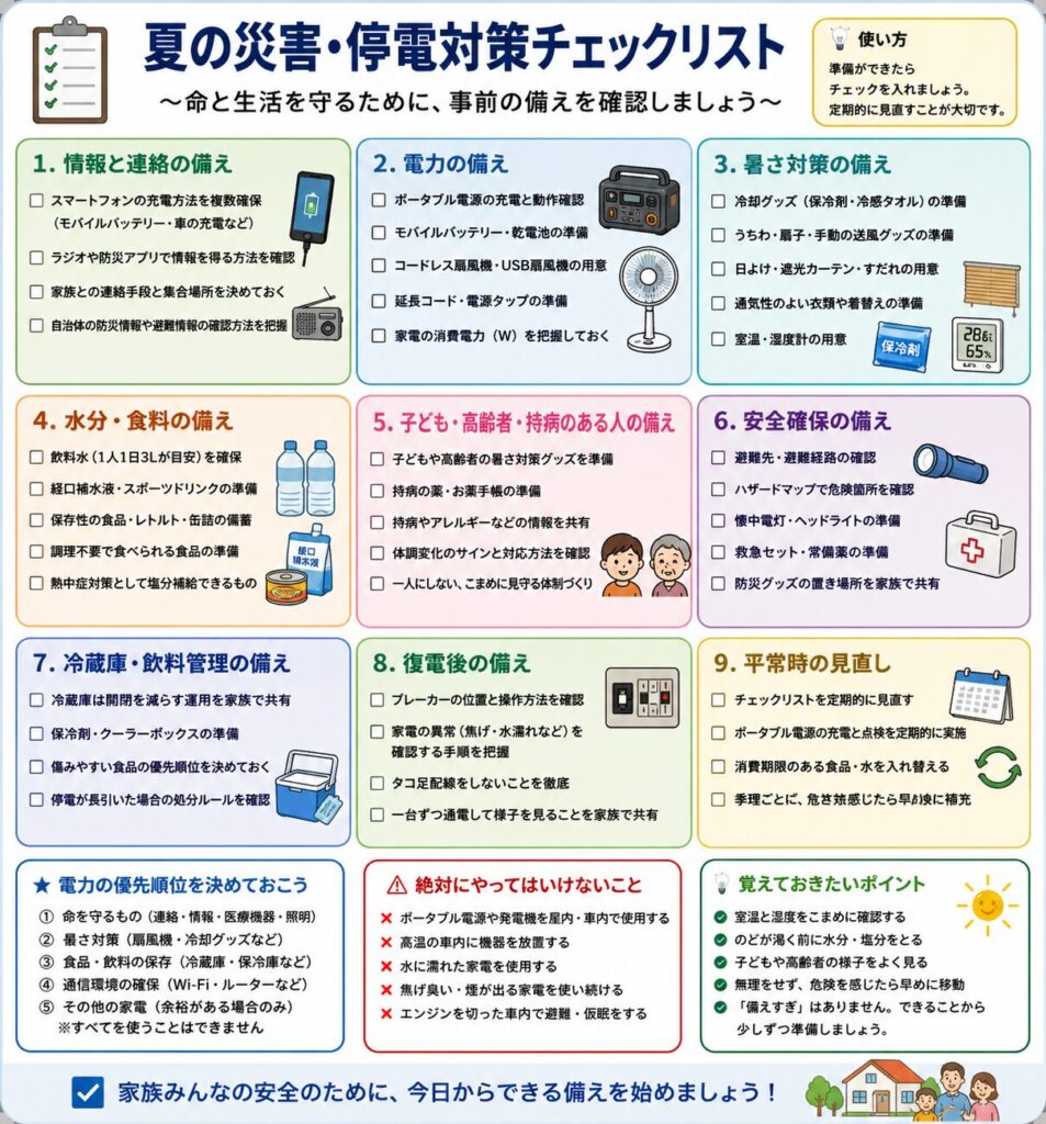 夏の災害や停電に備えて、平常時に確認しておきたい項目をまとめたチェックリスト図解。
情報と連絡の備えとして、スマートフォンの充電方法、モバイルバッテリー、ラジオ、防災アプリ、家族との連絡手段、集合場所、自治体の防災情報を確認する内容を示している。
電力の備えでは、ポータブル電源、乾電池、コードレス扇風機、USB扇風機、延長コードを準備し、使用する家電の消費電力を把握するよう説明している。
暑さ対策として、保冷剤、冷却タオル、うちわ、扇子、遮熱カーテン、すだれ、通気性のよい衣類、温湿度計を用意することを示している。
飲料水、経口補水液、保存食、調理せず食べられる食品を準備し、子ども、高齢者、持病がある人の薬やお薬手帳、体調変化への対応方法も確認するよう案内している。
避難先、避難経路、ハザードマップ、懐中電灯、救急セットなどの安全対策に加え、冷蔵庫の開閉回数を減らす方法、保冷剤やクーラーボックスの準備、復電後に家電を一台ずつ確認する手順もまとめている。
電力の優先順位として、連絡や医療機器、暑さ対策、食品や飲料の保冷、通信手段を優先し、余裕がある場合のみその他の家電へ使うことを示している。
また、ポータブル電源や携帯発電機を屋内や高温の車内で使わないこと、水にぬれた家電を使用しないこと、エンジンを切った車内を避難場所として安易に選ばないことを注意点として説明している。
備蓄品の消費期限、ポータブル電源の充電状態、季節ごとの必要品を定期的に見直し、家族で置き場所や使い方を共有することが大切であるとまとめている。