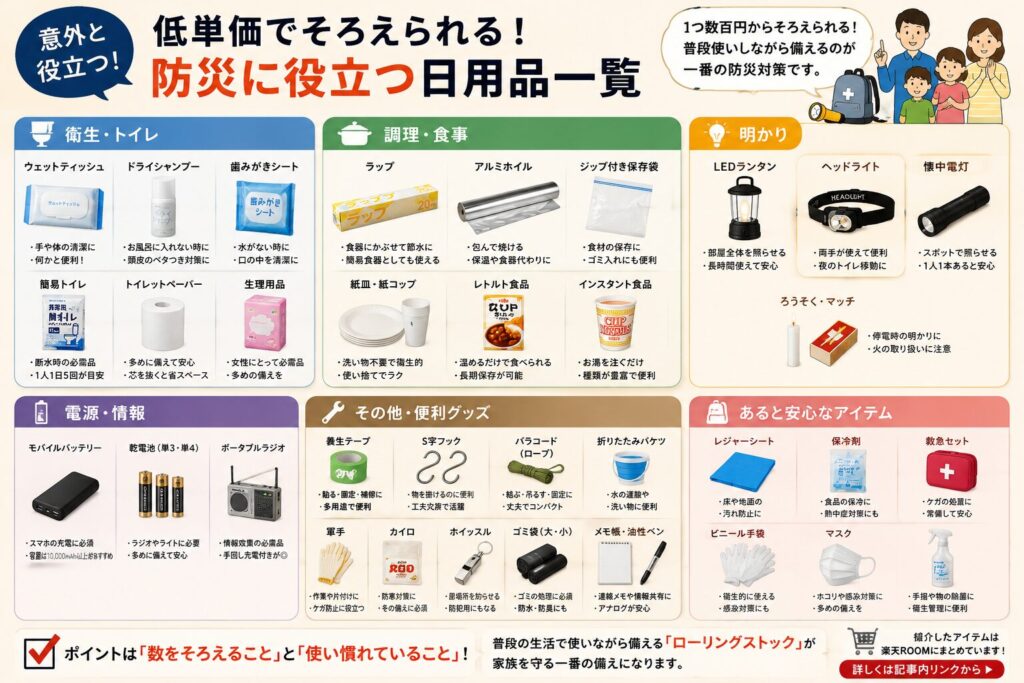 停電や災害時に役立つ低単価な防災用品をカテゴリ別にまとめた図解。衛生・トイレ、調理・食事、明かり、電源・情報、便利グッズ、あると安心なアイテムに分け、ウェットティッシュ、簡易トイレ、ラップ、LEDランタン、モバイルバッテリー、養生テープ、ホイッスルなど、普段使いしながら備えられる防災用品を分かりやすく紹介しています。