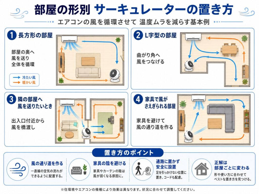 長方形の部屋、L字型の部屋、隣室へ風を送りたい場合、家具で風が遮られる部屋について、サーキュレーターの置き方を比較した図。エアコンの風を部屋の奥や曲がり角へつなぎ、家具を避けて空気の通り道を作ること、通路を避けて安全に設置することを示している。