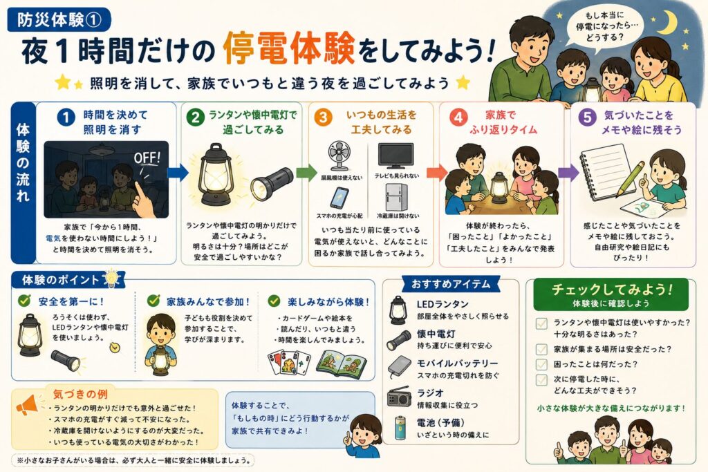 夜1時間だけの停電体験の進め方をまとめた図解。照明を消してランタンや懐中電灯で過ごし、家族で困ったことや気付いたことを話し合い、自由研究や絵日記へまとめる流れを紹介している。