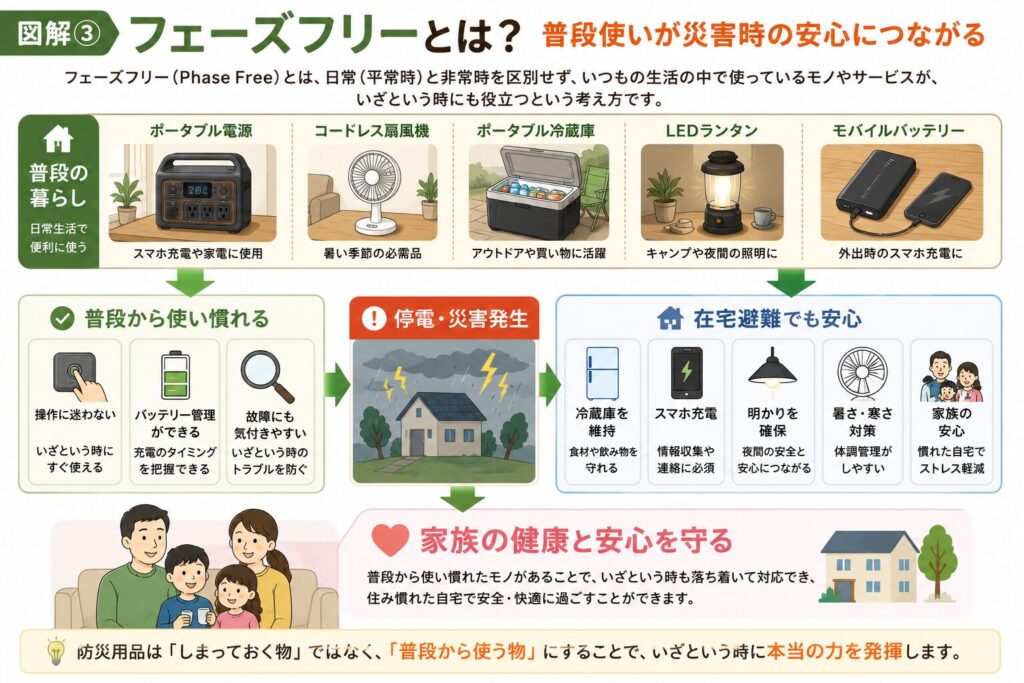 フェーズフリーの考え方をまとめた図解。ポータブル電源、コードレス扇風機、ポータブル冷蔵庫、LEDランタン、モバイルバッテリーなどを普段から使い慣れることで、停電や災害時にも迷わず活用でき、冷蔵庫の維持、スマートフォンの充電、照明の確保、暑さ・寒さ対策などにつながり、家族の健康と安心を守る流れを分かりやすく紹介しています。