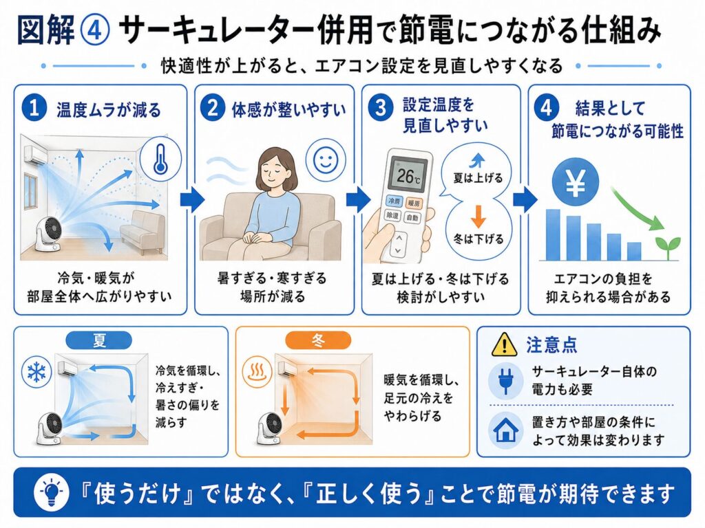 サーキュレーターをエアコンと併用することで節電につながる仕組みを示した図解。温度ムラが減り、体感が整いやすくなり、夏は設定温度を上げ、冬は下げることを検討しやすくなる流れと、効果は置き方や部屋の条件で変わることを説明している。
