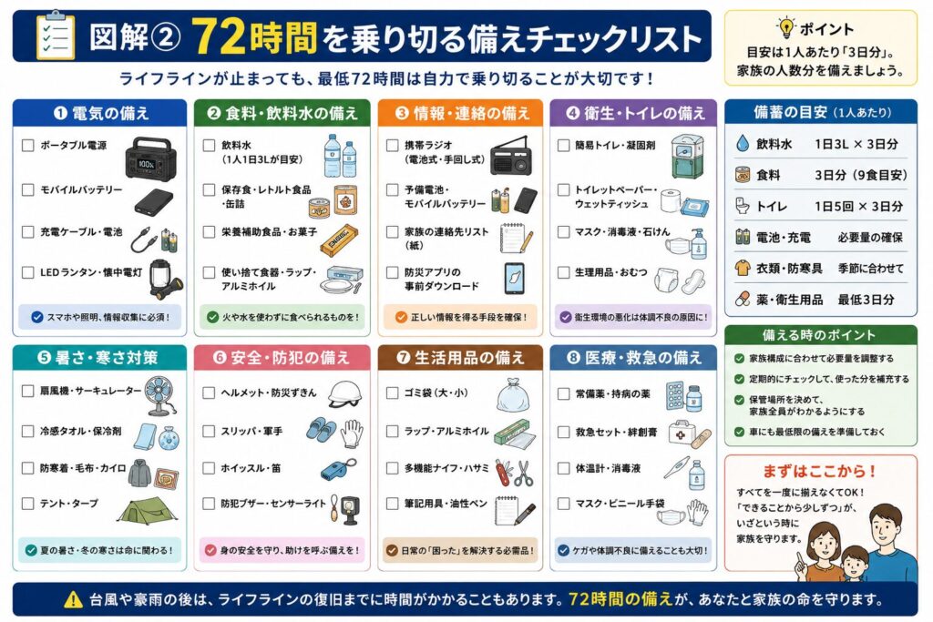 72時間を乗り切るために備えておきたい防災用品をチェックリスト形式でまとめた図解です。電気の備え、食料・飲料水、情報収集、衛生・トイレ、暑さ・寒さ対策、安全・防犯、生活用品、医療・救急用品の8つのカテゴリーに分けて、災害時に役立つアイテムをイラスト付きで分かりやすく紹介しています。また、1人あたり3日分を目安とした備蓄量や、ローリングストックなど備蓄のポイントも掲載し、台風や豪雨、停電時の防災対策に役立つ保存版のチェックリストです。