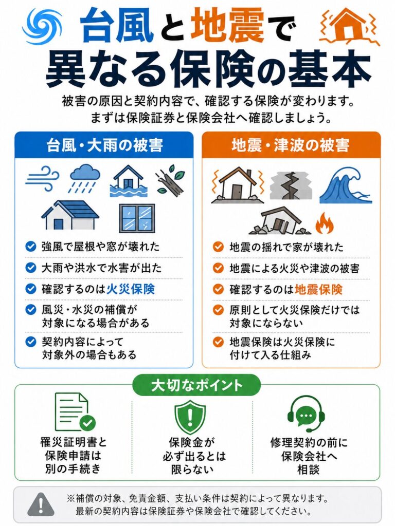 台風・大雨による被害と、地震・津波による被害で確認する保険の基本的な違いをまとめた図解。
台風や強風で屋根や窓が壊れた場合や、大雨、洪水、土砂災害などで被害が出た場合は、契約内容に応じて火災保険の風災補償や水災補償の対象になる可能性があることを示している。
一方で、地震の揺れによる建物の損壊、地震を原因とする火災、津波による浸水や流失などは、原則として火災保険ではなく地震保険を確認する必要があることを説明している。
地震保険は火災保険へ付帯して加入する仕組みであり、保険金が必ず支払われるとは限らず、補償対象、免責金額、支払い条件は契約内容によって異なることを示している。
また、罹災証明書の申請と保険金請求は別の手続きであること、修理契約を結ぶ前に保険証券を確認し、加入している保険会社や代理店へ相談することが大切であるとまとめている。