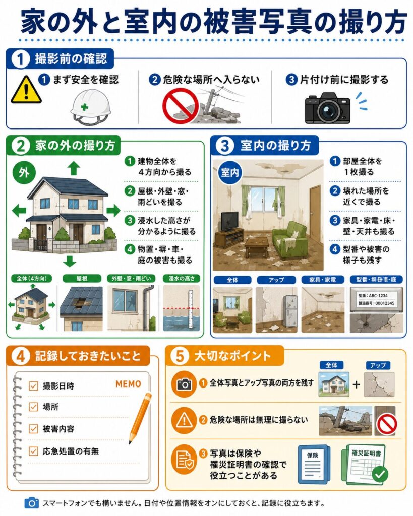 家の外と室内の被害写真の撮り方をまとめた図解。
最初に、安全確認をして危険な場所へ入らず、片付け前に撮影することを示している。
家の外は、建物全体を4方向から撮影し、屋根、外壁、窓、雨どい、浸水した高さ、物置、塀、車、庭の被害も記録する流れを示している。
室内は、部屋全体を1枚撮影したうえで、壊れた場所の近くの写真、家具、家電、床、壁、天井、型番や被害の様子も残すことを示している。
あわせて、撮影日時、場所、被害内容、応急処置の有無をメモしておくことや、全体写真とアップ写真の両方を残すこと、危険な場所は無理に撮らないこと、写真が保険や罹災証明書の確認で役立つ場合があることもまとめている。