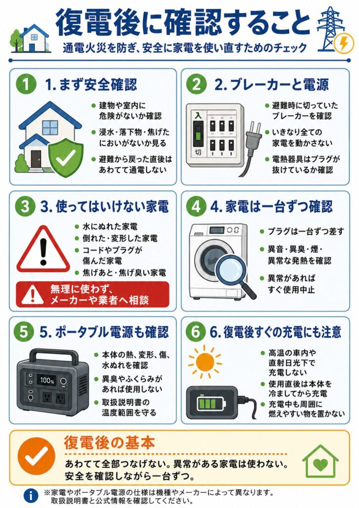 災害や停電から復電した後に、安全に家電を使い直すための確認項目をまとめた図解。
最初に、建物や室内に浸水、落下物、焦げた臭いなどの危険がないかを確認し、避難先から戻った直後に慌てて通電しないことを示している。
次に、避難時に切っていたブレーカーの状態を確認し、すべての家電を一度に動かさず、電気ストーブや電気こんろなどの電熱器具はプラグが抜けているか確認するよう案内している。
水にぬれた家電、倒れた家電、変形した家電、コードや電源プラグが傷んだ家電、焦げ跡や焦げた臭いがある家電は使用せず、メーカーや専門業者へ相談する必要があることを説明している。
安全を確認した家電は、電源プラグを一台ずつ差し、異音、異臭、煙、火花、異常な発熱がないか確認し、異常があれば直ちに使用を中止する流れを示している。
ポータブル電源についても、本体の異常な熱、変形、傷、水ぬれ、異臭、膨らみなどを確認し、異常がある場合は充電や使用をしないよう案内している。
また、使用直後のポータブル電源は本体を冷ましてから充電し、高温の車内や直射日光が当たる場所、周囲に燃えやすい物がある場所では充電しないよう注意している。
復電後の基本として、すべてを一度につながず、安全を確認しながら一台ずつ使用を再開することをまとめている。