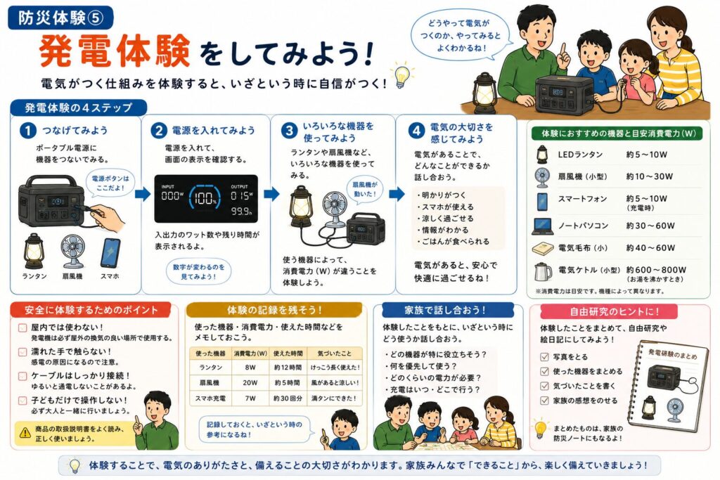 ポータブル電源やソーラーパネルを使った発電体験をまとめた図解。天候による発電量の違いや、家電を動かしながら電気の大切さを学ぶ流れ、自由研究への活用方法を紹介している。