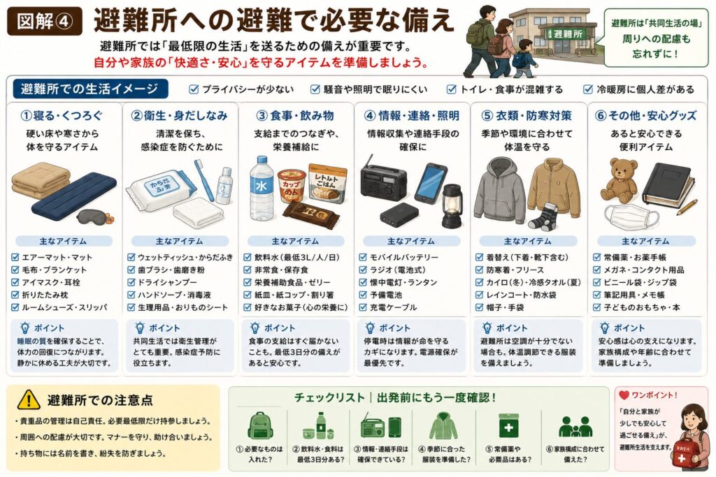徒歩避難・緊急避難で必要な備えをまとめた図解。防災リュックに入れる最低限の持ち出し品や、無理なく持てる重さの考え方、避難時に優先したい防災用品を一覧で紹介している。