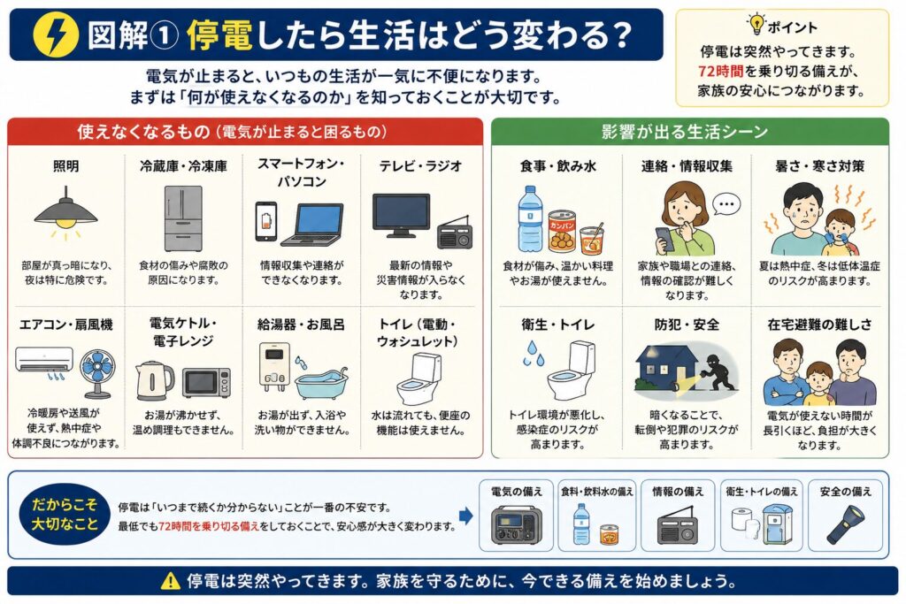 停電が発生すると生活がどのように変化するのかを分かりやすくまとめた図解です。照明や冷蔵庫、エアコン、扇風機、スマートフォン、テレビ、給湯器、トイレなど、停電時に使えなくなる設備と、食料の傷みや情報収集の困難、熱中症や脱水、衛生環境の悪化、防犯面のリスクなど生活への影響をイラスト付きで解説しています。また、72時間を乗り切るための備えの重要性や、電気・飲料水・食料・情報・衛生・安全を事前に準備しておく大切さを紹介した保存版の図解です。