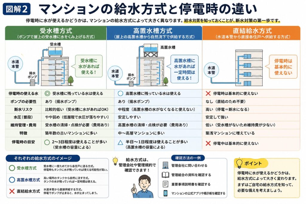 マンションの給水方式（受水槽方式・高置水槽方式・直結給水方式）と、停電時の断水リスクや特徴の違いを比較した図解。