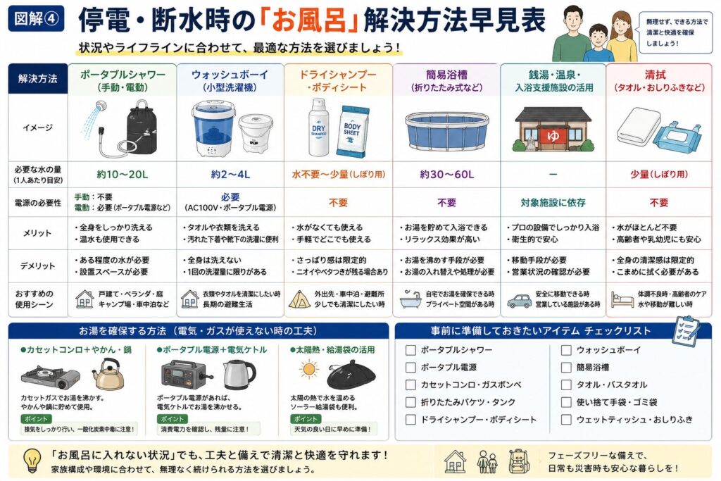 停電や断水でお風呂へ入れない場合の対処法を比較した図解。ポータブルシャワー、ウォッシュボーイ、ドライシャンプー、簡易浴槽、銭湯・入浴支援施設、濡れタオルによる清拭など、それぞれの必要な水の量や電源の有無、メリット・デメリット、おすすめの使用シーンを一覧表で分かりやすく解説しています。