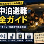災害時の車中泊避難をテーマにしたアイキャッチ画像。車内で過ごす家族と、ポータブル電源、LEDランタン、コードレス扇風機などの防災用品を配置し、暑さ・寒さ対策、トイレ、防犯、電源確保など、車中泊避難で大切なポイントを分かりやすく表現しています。