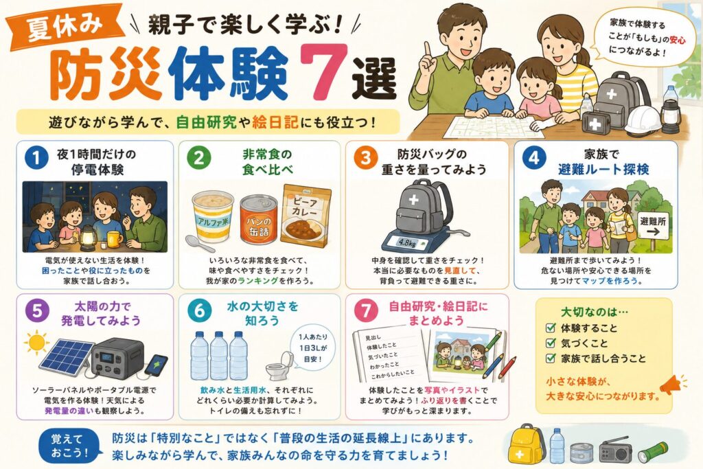 夏休みに親子で取り組める防災体験7選をまとめた図解。停電体験、非常食の食べ比べ、防災バッグの点検、避難ルート確認、発電体験、水の備蓄、自由研究へのまとめ方を一覧で紹介している。