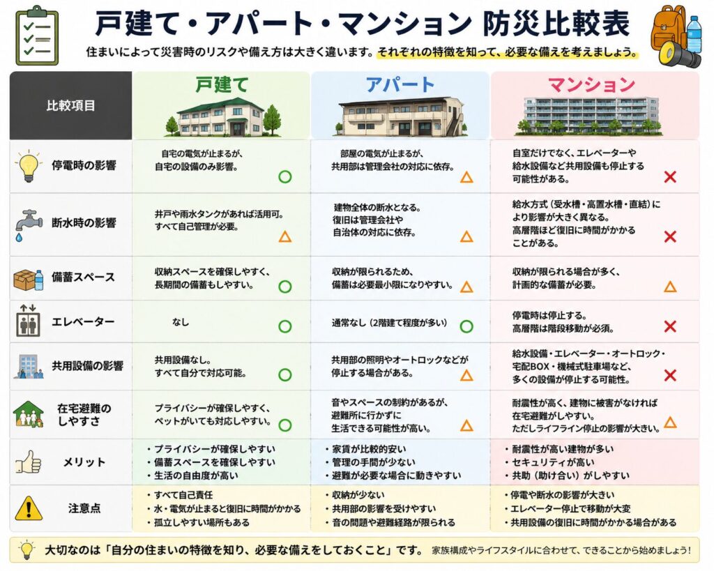 戸建て・アパート・マンションの防災対策を比較した一覧表。停電や断水、備蓄スペース、エレベーター、在宅避難など住まいごとの違いを分かりやすくまとめた図解。
