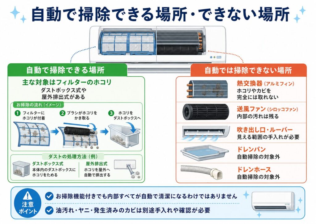 エアコンの自動お掃除機能で掃除できる場所と、掃除できない場所を比較した図。自動で掃除できる主な対象はフィルターのホコリで、ブラシでかき取り、ダストボックスへ集める方式や屋外へ排出する方式がある。熱交換器、送風ファン、吹き出し口、ルーバー、ドレンパン、ドレンホースは一般的な自動お掃除機能の対象外で、油汚れ、たばこのヤニ、発生済みのカビも別途確認や手入れが必要である。

