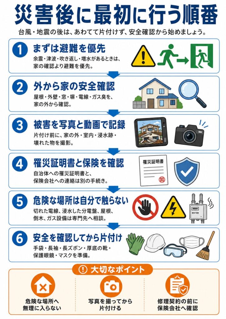 台風や地震の後に最初に行う順番を6段階で示した図解。
まずは余震、津波、吹き返し、増水がある場合は家の確認より避難を優先し、その後に家の外から屋根、外壁、窓、塀、電線、ガス臭を確認する流れを示している。
次に、片付け前に家の外や室内、浸水跡、壊れた物を写真や動画で記録し、自治体への罹災証明書の確認と保険会社への連絡は別の手続きであることを整理している。
さらに、切れた電線、浸水した分電盤、屋根、倒木、ガス設備など危険な場所には自分で触れず、最後に手袋、長袖、長ズボン、厚底の靴、保護眼鏡、マスクなどを用意して、安全を確認してから片付けることをまとめている。
下部には、危険な場所へ無理に入らない、写真を撮ってから片付ける、修理契約の前に保険会社へ確認するという大切なポイントも示されている。