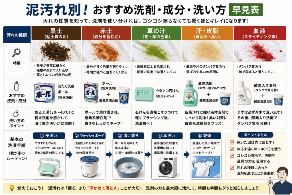 泥汚れの種類ごとに最適な洗剤や成分、洗い方をまとめた比較図。黒土、赤土、草の汁、汗・皮脂、血液の5種類の汚れについて、それぞれの特徴、おすすめの洗剤・成分、効果的な洗濯方法を一覧で紹介している。黒土には粉末洗剤「ポール」、赤土にはポールと酸素系漂白剤、草の汁にはウタマロ石鹸、汗や皮脂には液体洗剤と酸素系漂白剤、血液には冷水で洗い流した後に酵素入り洗剤を使用する方法を推奨。また、我が家で実践している「予洗い（ウタマロ石鹸＋ブラシ付きケース）→ウォッシュボーイで約15分洗浄→ポールで漬け置き→家庭用洗濯機で本洗い→乾燥」という洗濯ルーティンも図解し、泥汚れはゴシゴシ擦るのではなく、洗剤と道具の力で汚れを浮かせて落とすことが重要であると分かりやすく解説している。