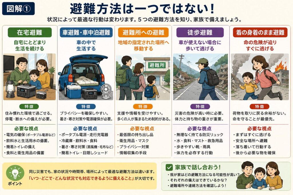 避難方法は一つではないことを解説した図解。在宅避難、車避難・車中泊避難、避難所への避難、徒歩避難、着の身着のまま避難の5つを比較し、それぞれの特徴と必要な備えを一覧でまとめたイラスト。