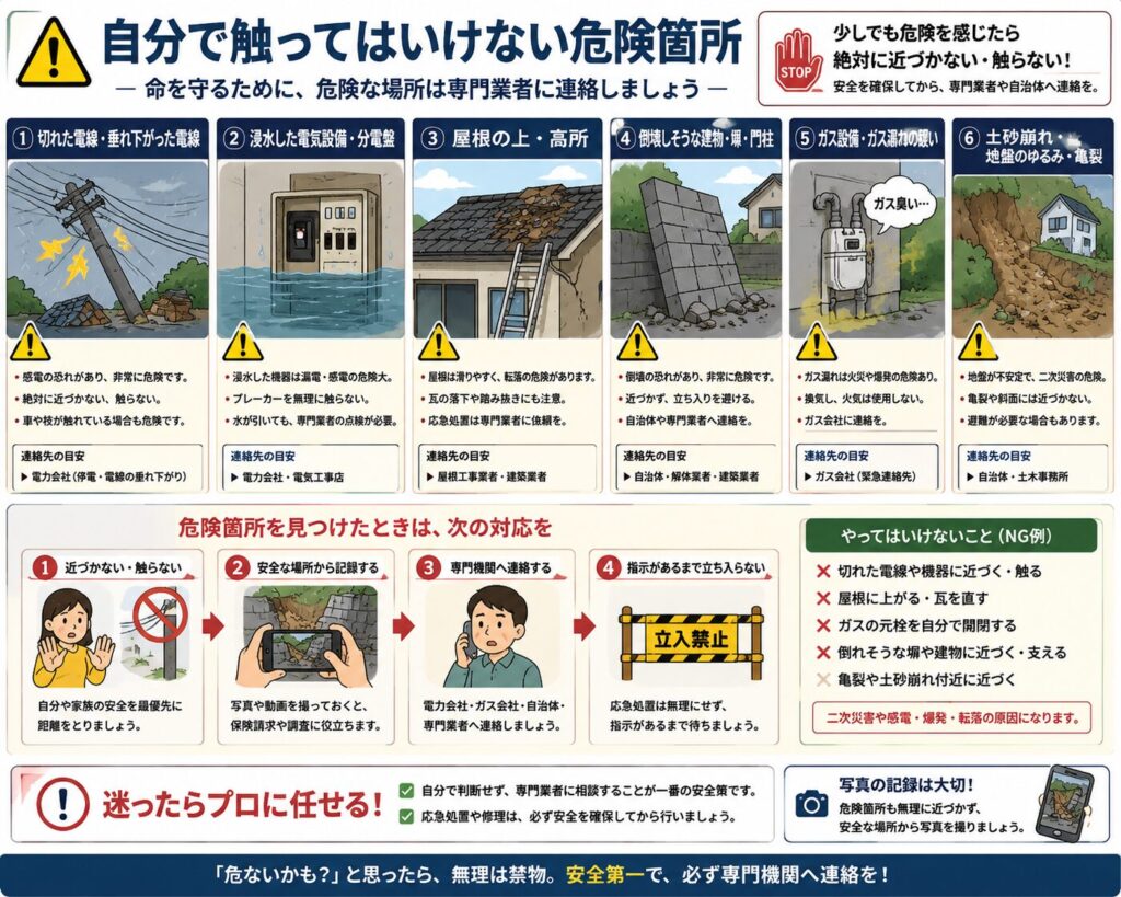 台風や地震の後に、自分で触ったり近づいたりしてはいけない危険箇所をまとめた図解。
切れた電線や垂れ下がった電線は感電の危険があるため、周囲の木、車、フェンスを含めて近づかず、電力会社へ連絡することを示している。
浸水した分電盤や電気設備は、漏電や感電の可能性があるため、ブレーカーを無理に操作せず、電力会社や電気工事業者へ相談するよう案内している。
屋根、雨どい、外壁などの高所は、転落や落下物の危険があるため、自分では上らず専門業者へ依頼することを説明している。
傾いた塀や門柱、大きな倒木、土砂崩れ、亀裂がある斜面なども、倒壊や二次災害の可能性があるため近づかないよう示している。
ガス臭がする設備では、火気や電気のスイッチを使用せず、安全な場所へ離れてガス会社へ連絡することをまとめている。
危険箇所を見つけた場合は、近づかず、安全な場所から写真や動画を記録し、電力会社、ガス会社、自治体、消防、管理会社、専門業者などへ連絡し、指示があるまで立ち入らないことを案内している。