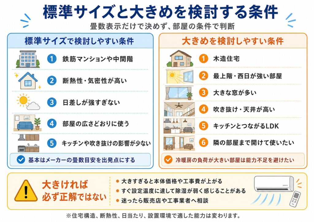 エアコンを標準サイズで選びやすい条件と、大きめの能力を検討しやすい条件を比較した図。鉄筋マンションの中間階、高断熱住宅、日差しが強すぎない部屋は標準サイズを検討しやすく、木造住宅、最上階、西日が強い部屋、大きな窓、吹き抜け、キッチンとつながるLDK、隣室まで冷暖房したい場合は大きめを検討する目安を示している。大きければ必ず快適とは限らず、本体価格や工事費、除湿のしやすさも含めて判断する必要がある。