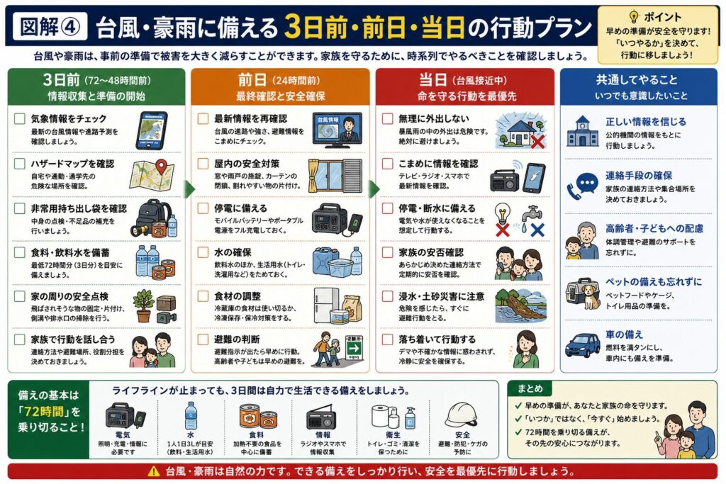 台風や豪雨に備えて、3日前・前日・当日に行うべき準備を時系列でまとめた保存版の図解です。3日前は気象情報やハザードマップの確認、防災用品・飲料水・食料の備蓄、家族との避難計画を確認すること、前日はポータブル電源やモバイルバッテリーの充電、車のガソリン満タン、保冷剤やペットボトルの冷凍、窓や屋外の安全対策を行うこと、当日は最新の気象情報や避難情報を確認し、不要不急の外出を控え、停電・断水に備えながら安全な場所で行動することをイラスト付きで分かりやすく紹介しています。また、共通して意識したい「正しい情報収集」「家族との連絡方法」「高齢者・子ども・ペットへの配慮」「車の備え」なども掲載した、台風対策に役立つチェックリスト形式の図解です。