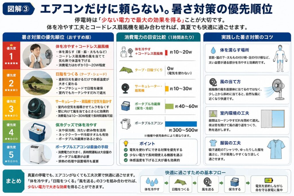 エアコンだけに頼らない真夏の停電時の暑さ対策をまとめた図解。体を濡らしてコードレス扇風機の風で気化熱を利用する方法を最優先とし、タープやシェードで日陰を作ること、サーキュレーターや扇風機で空気を循環させること、ポータブル冷蔵庫で飲み物や保冷剤を冷やすことなど、少ない電力で効率よく暑さを和らげる方法を消費電力の目安とともに紹介した図。