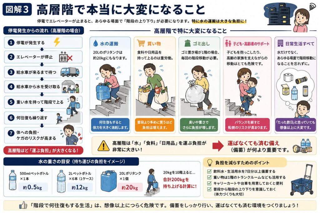 停電でエレベーターが停止したマンション高層階で、水や食料、日用品を階段で運ぶ負担や身体への影響、事前の備えの重要性をまとめた図解。