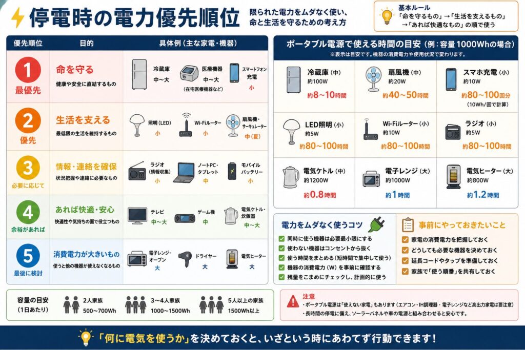 停電時に限られた電力を何へ優先して使うかをまとめた図解。
最優先として、医療・介護機器、スマートフォンなど、命や安全、連絡手段に関わる機器を示している。
次に、LED照明、Wi-Fiルーター、扇風機やサーキュレーターなど、最低限の生活を支える機器を優先する流れを説明している。
情報収集に使う防災ラジオ、パソコン、タブレット、モバイルバッテリーは、必要性や残量に応じて使用するよう示している。
テレビ、ゲーム機、電気ケトル、炊飯器などの快適性を高める機器や、電子レンジ、ドライヤー、電気ヒーターなど消費電力が大きい機器は、電力に余裕がある場合に検討するようまとめている。
容量1000Wh級のポータブル電源を使用した場合でも、冷蔵庫、扇風機、照明、Wi-Fiルーターなどの使用時間は、機器の消費電力、起動電力、外気温、設定、変換ロスによって変わることを示している。
同時に使用する機器を必要最小限にすること、使わない機器を接続したままにしないこと、残量と消費電力を確認すること、家族で使用する順番を決めておくことを案内している。
ポータブル電源の容量だけで使用時間を断定せず、接続する機器の定格消費電力とメーカー公式情報を確認する必要がある。