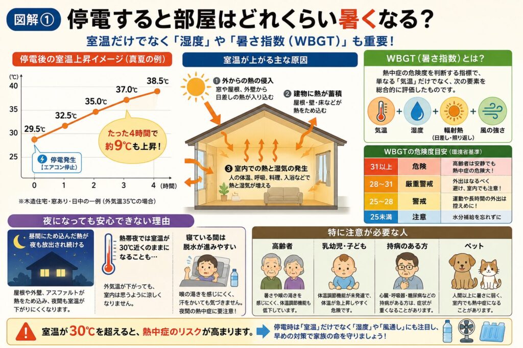 停電によって室温が上昇し、熱中症リスクが高まる仕組みを分かりやすく解説した図解。停電後の室温上昇イメージや、室温が上がる主な原因、WBGT（暑さ指数）の考え方、夜間でも室温が下がりにくい理由、熱中症になりやすい高齢者・乳幼児・持病のある方・ペットへの注意点をイラスト付きで紹介。停電時は室温だけでなく湿度や風通しにも注意し、早めの暑さ対策で家族の命を守ることの重要性をまとめたインフォグラフィック。