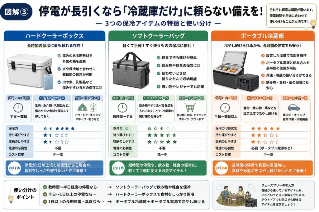 停電時に役立つ保冷アイテムの特徴と使い分けを比較した図解。ハードクーラーボックス、ソフトクーラーバッグ、ポータブル冷蔵庫の保冷・冷却性能、適した停電時間、持ち運びやすさ、電源の必要性、普段使いのしやすさを一覧で比較し、それぞれのメリットやおすすめの活用シーンを分かりやすく解説したインフォグラフィック。普段使いと防災を両立する「フェーズフリー」の考え方も紹介している。