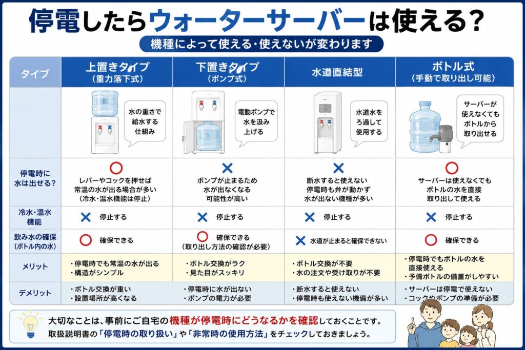 停電時にウォーターサーバーが使えるかを機種別に比較した図解。上置きタイプ（重力落下式）、下置きタイプ（ポンプ式）、水道直結型、ボトル式の4種類について、「停電時に水が出せるか」「冷水・温水機能」「飲料水の確保」「メリット・デメリット」を一覧で比較し、最後に「事前に自宅の機種が停電時にどうなるか確認しておくことが大切」とまとめている。