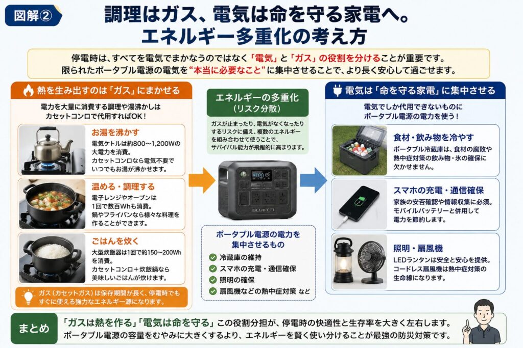 停電時は電気だけに頼らず、「ガス」と「電気」の役割を分けるエネルギー多重化の考え方を解説した図。カセットコンロを使ってお湯を沸かす・温める・ご飯を炊くなどの調理を行い、ポータブル電源の電力はポータブル冷蔵庫、スマートフォンの充電、LEDランタン、コードレス扇風機など命を守る家電へ優先的に使うことで、限られた電力を効率よく活用できることを分かりやすくまとめた図解。