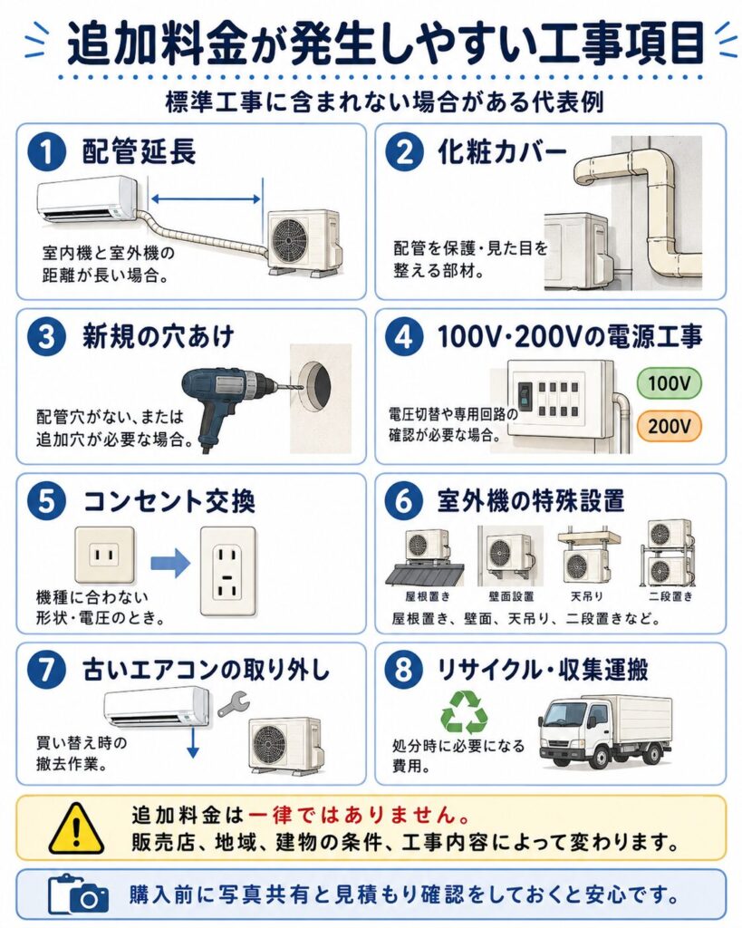エアコン取付工事で追加料金が発生しやすい項目をまとめた図。配管延長、化粧カバー、新しい配管穴の穴あけ、100V・200Vの電源工事、コンセント交換、室外機の屋根置き・壁面設置・天吊り・二段置き、古いエアコンの取り外し、リサイクル・収集運搬費を示している。追加料金は販売店、地域、建物の条件、工事内容によって異なるため、購入前の写真共有と見積もり確認が重要である。