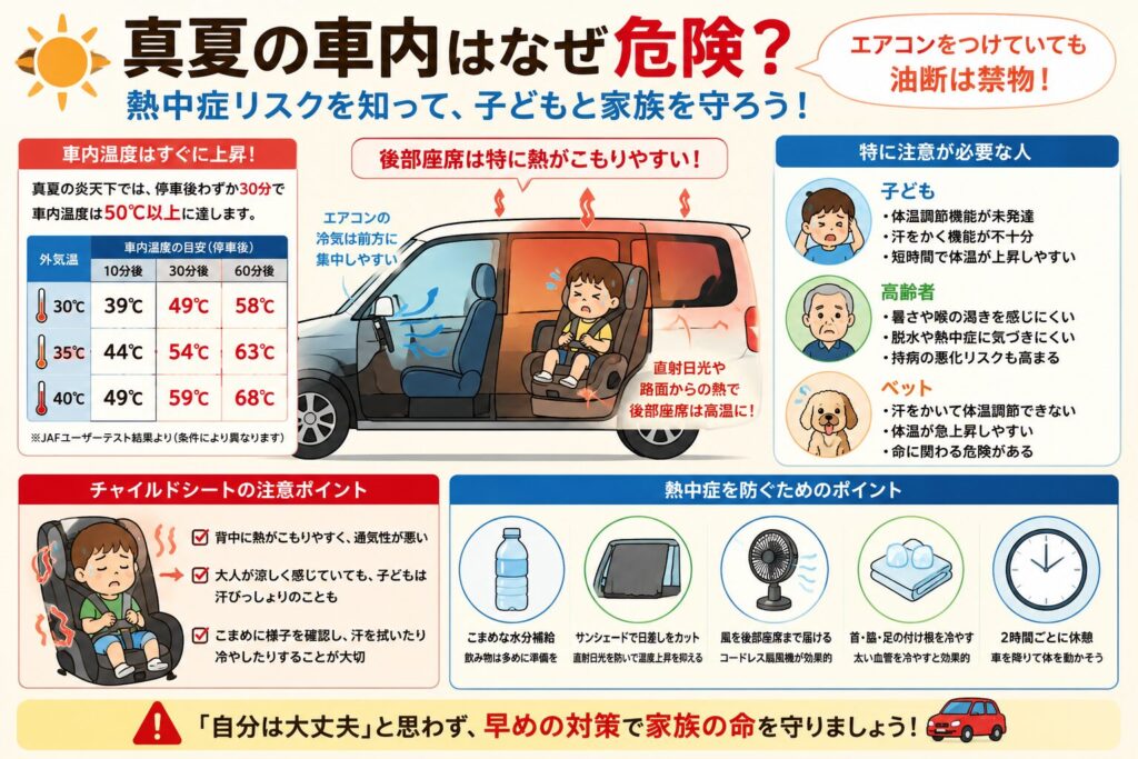 真夏の車内で起こる熱中症リスクを分かりやすく解説した図解。停車中の車内温度の上昇、後部座席に熱がこもりやすい理由、チャイルドシートの注意点、子ども・高齢者・ペットが熱中症になりやすい理由を紹介しています。また、水分補給、サンシェード、コードレス扇風機、保冷剤、2時間ごとの休憩など、長距離ドライブや夏の帰省で実践したい暑さ対策もまとめた図解です。