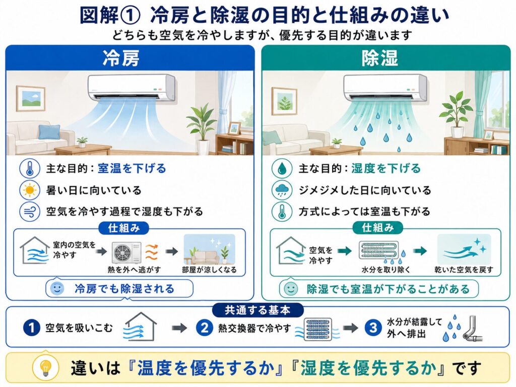 冷房と除湿の目的と仕組みの違いを比較した図解。冷房は室温を下げることを優先し、除湿は湿度を下げることを優先する一方、どちらも空気を冷やして水分を結露させ、外へ排出する共通の仕組みがあることを示している。

