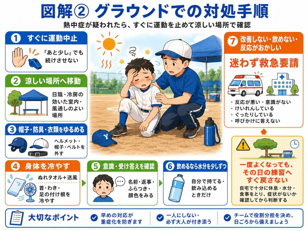 少年野球のグラウンドで子どもに熱中症が疑われたときの対処手順を示した図解。
すぐに運動を中止し、日陰や冷房の効いた場所へ移動させ、帽子や防具、ベルトを外して衣類を緩める流れを示している。
その後、濡れタオルと送風で身体を冷やし、首、脇、足の付け根を冷却しながら、意識、受け答え、顔色、ふらつきを確認する。
自分で飲み物を持ち、問題なく飲み込める場合だけ水分を少量ずつ与え、反応がおかしい、自力で飲めない、意識がない、けいれんしている場合は救急要請を優先することを説明している。

