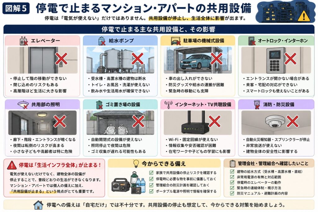 停電時にマンションやアパートで停止する主な共用設備と生活への影響、事前に確認しておきたいポイントをまとめた図解。