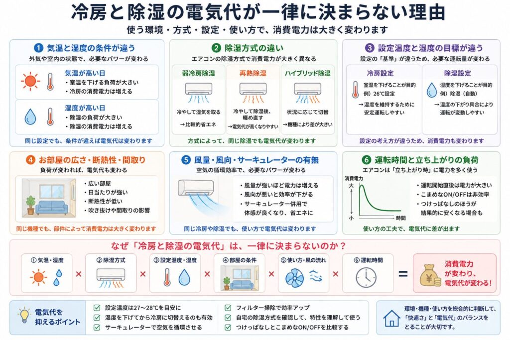 冷房と除湿の電気代が一律に決まらない理由を示した図解。気温と湿度、除湿方式、設定温度、部屋の広さや断熱性、風量やサーキュレーターの有無、運転時間などによって消費電力が変わることをまとめている。
