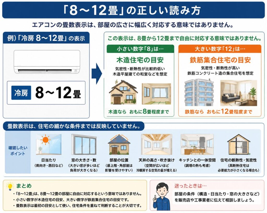 エアコンの「冷房8〜12畳」という表示の正しい読み方を示した図。8畳から12畳まで自由に対応する意味ではなく、小さい数字の8畳は木造住宅、大きい数字の12畳は鉄筋集合住宅の目安であることを説明している。日当たり、窓の大きさ、部屋の位置、天井の高さ、キッチンとの一体空間、住宅の断熱性も確認する必要がある。