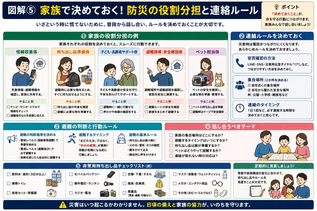 家族で決めておきたい防災時の役割分担や連絡ルールをまとめた保存版の図解です。情報収集、非常用持ち出し品の準備、子どもや高齢者のサポート、避難誘導、ペットの対応など、家族それぞれの役割を分かりやすく紹介しています。また、安否確認の方法や集合場所、避難するタイミング、家族で話し合っておきたい内容、非常用持ち出し品チェックリストも掲載しています。災害時に慌てず行動するために、日頃から家族でルールを決めて定期的に見直すことの大切さをイラスト付きで解説した、防災対策に役立つ図解です。