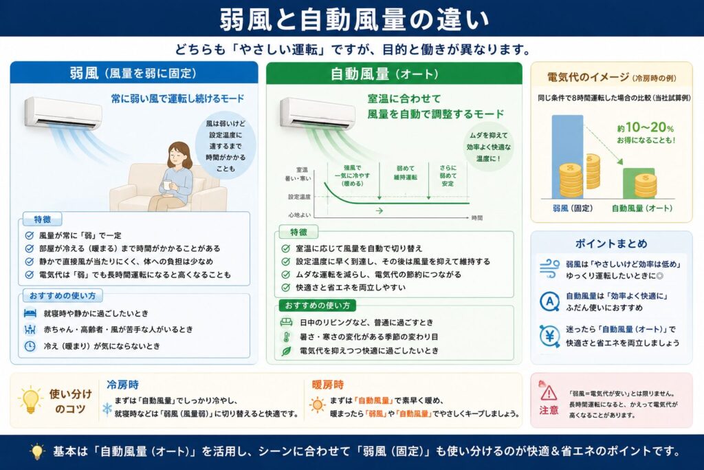 エアコンの弱風と自動風量の違いを比較した図。弱風は風量を一定の弱さに保つため静かに使いやすい一方、設定温度へ達するまで時間がかかる場合がある。自動風量は室温に合わせて強風から弱風へ切り替え、早く設定温度へ近づけたあと効率よく維持する仕組みを示している。