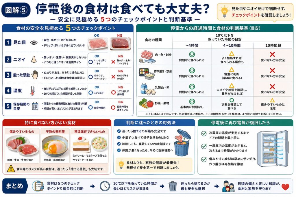停電後の食材が安全に食べられるかを判断するためのポイントをまとめた図解。食材の見た目・におい・触った感触・保存温度・停電からの経過時間など、確認すべき5つのチェックポイントを分かりやすく解説。肉・魚・乳製品・卵・野菜など食品ごとの判断の目安や、特に注意が必要な食品、判断に迷った場合の対応方法、停電復旧後の冷蔵庫の扱い方についても紹介し、「迷ったら安全を優先する」という考え方を伝えるインフォグラフィック。