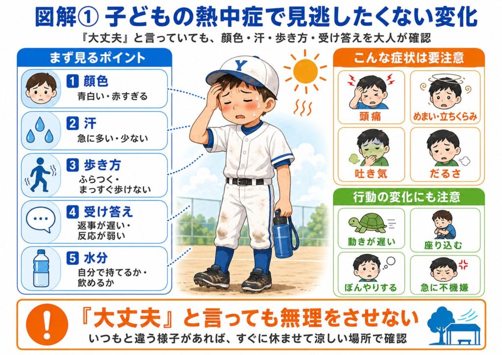 少年野球中の子どもに見られる熱中症の変化をまとめた図解。
顔色が青白い、または赤すぎる、汗が急に増える・減る、ふらついてまっすぐ歩けない、返事が遅く反応が弱い、自分で飲み物を持てない・飲めないといった確認項目を示している。
あわせて、頭痛、めまい、立ちくらみ、吐き気、だるさ、動きが遅い、座り込む、ぼんやりする、急に不機嫌になるといった注意サインも掲載している。
