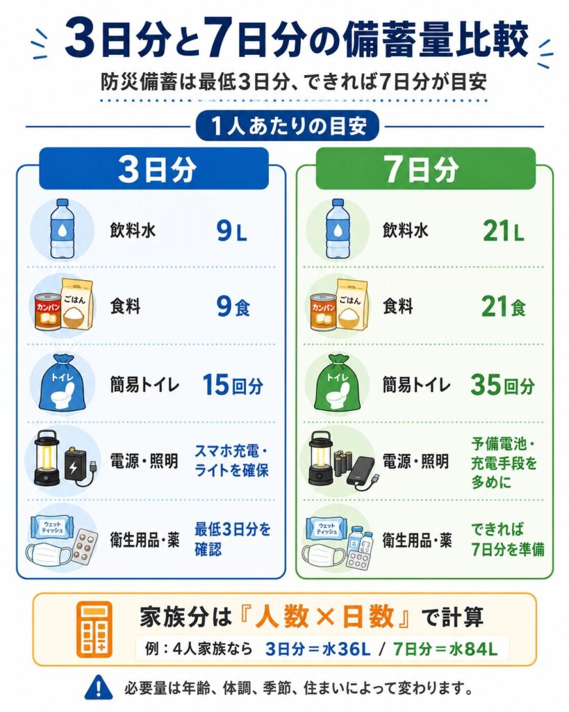防災備蓄の3日分と7日分を、1人あたりの必要量で比較した図解。
3日分の目安として、飲料水9リットル、食料9食、簡易トイレ15回分を示し、スマートフォンの充電手段や照明、衛生用品、薬も最低3日分確認するようまとめている。
7日分の目安として、飲料水21リットル、食料21食、簡易トイレ35回分を示し、予備電池や充電方法を増やし、衛生用品や薬も可能であれば7日分準備するよう案内している。
家族分は人数と日数を掛けて計算し、4人家族では飲料水が3日分で36リットル、7日分で84リットルになる例を示している。
必要量は年齢、体調、季節、家族構成、住宅環境によって変わるため、まずは3日分から始め、無理のない範囲で7日分へ増やすことを伝えている。